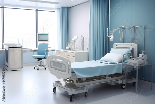 clean modern hospital room with bed and other equipment healthcare concept