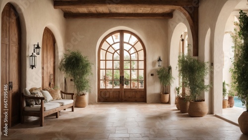 hallway with an arched door in a modern design. Farmhouse's contemporary rustic entryway interior design © SR Production