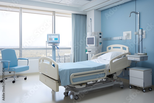 clean modern hospital room with bed and other equipment healthcare concept