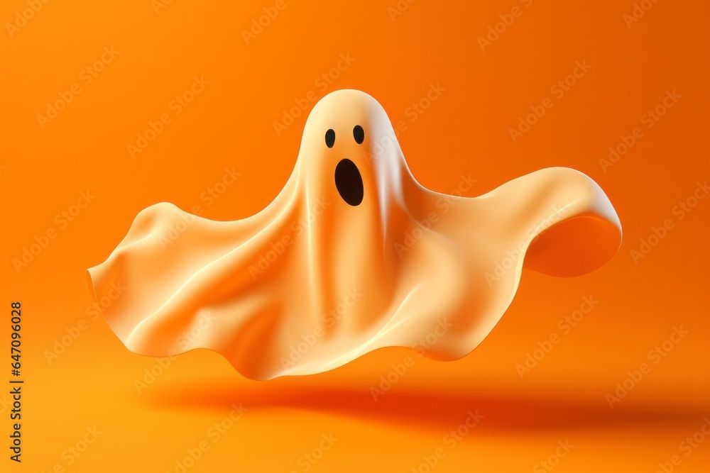 Close up white funny ghost on an orange background. Halloween concept Close up white funny ghost on an orange background. Halloween concept