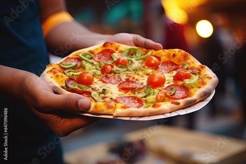 closeup hand hold pizza with blur background