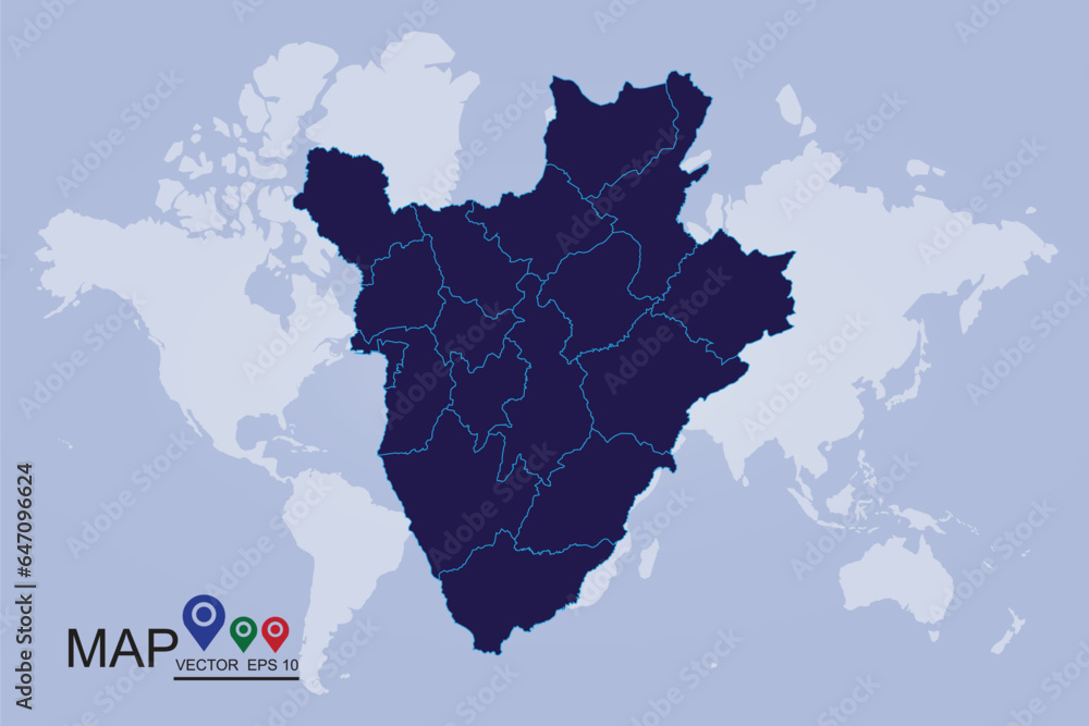 Obraz premium Vector map-Burundi country.High detailed blue vector map - Burundi,Blue map of Burundi.