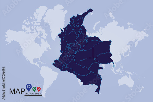 Map of the country of Colombia, High Detailed Blue Map of Colombia isolated on white background. Vector illustration eps 10.