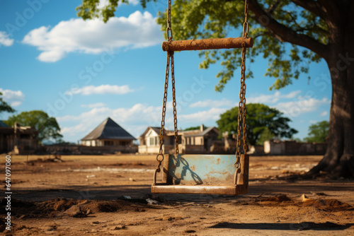 Lone swing hanging from a tree in an empty playground, Generative AI