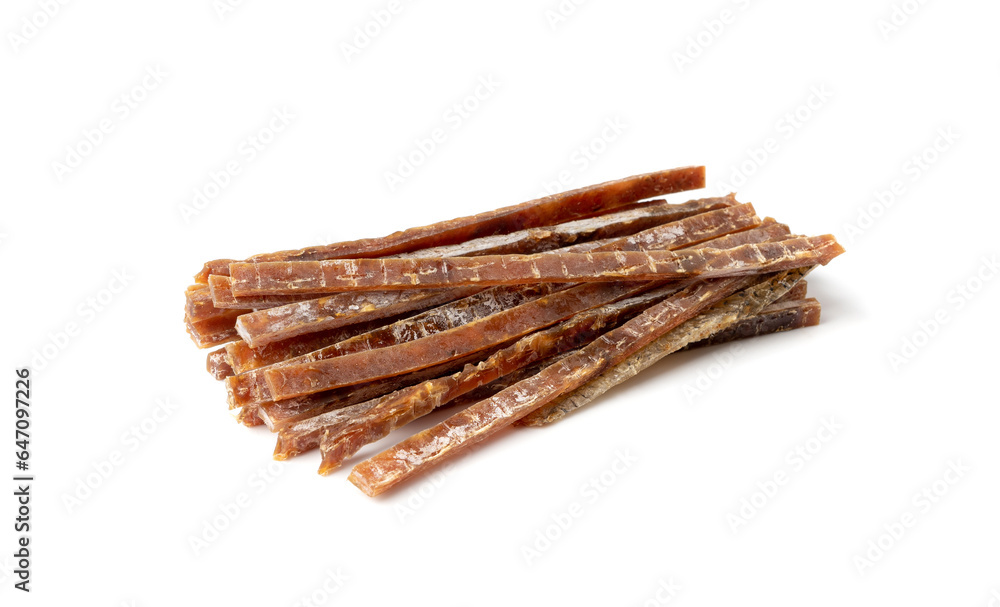 Fish Jerky Isolated, Dry Salted Seafood Snack, Hake Stockfish, Small Pieces of Dehydrated Pollock