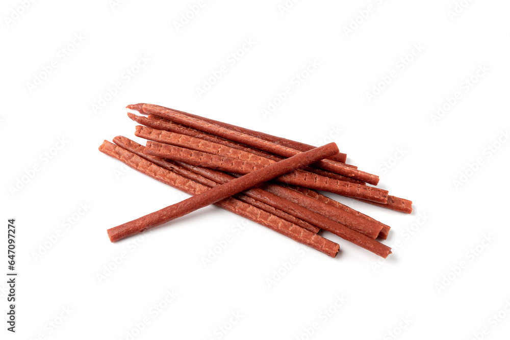 Fish Jerky Isolated, Dry Salted Seafood Snack, Hake Stockfish, Small Pieces of Dehydrated Pollock Fish Jerky Isolated, Dry Salted Seafood Snack, Hake Stockfish, Small Pieces of Dehydrated Pollock