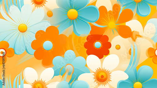 Seamless 70s Retro floral Style poster art with flowers  and retro colors such as orange  pale blue  yellow and greens. Background wall art. Repetitive texture.