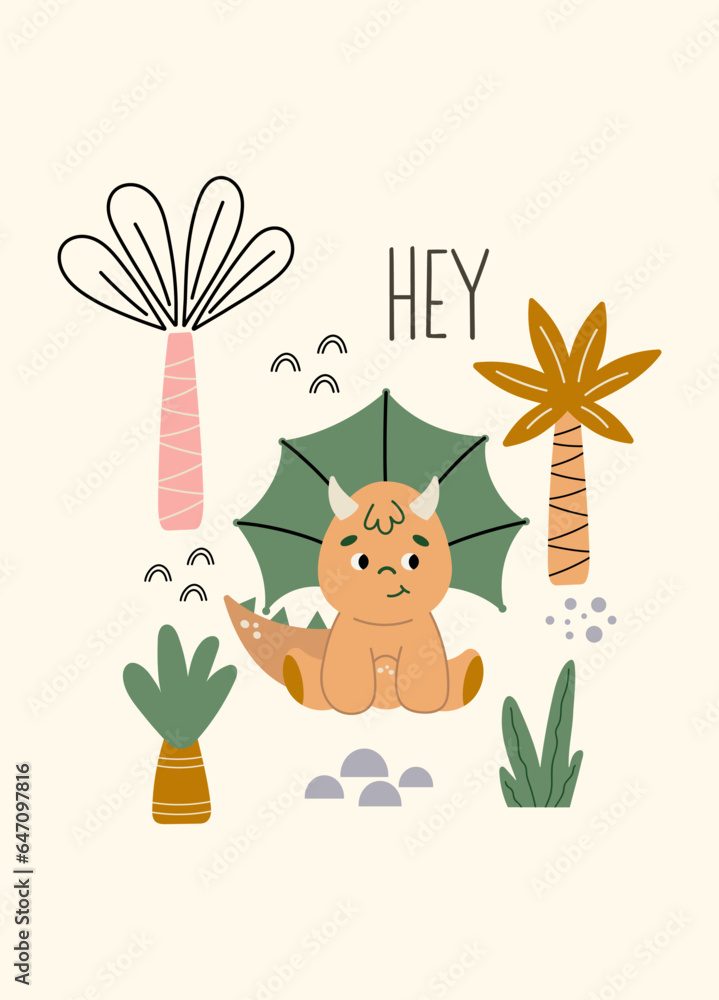 Fototapeta premium Dino Hey quote. Cute dinosaur color vector character. Baby illustration of dino in cartoon style. Childish art for nursery, poster, textile and kids apparel.