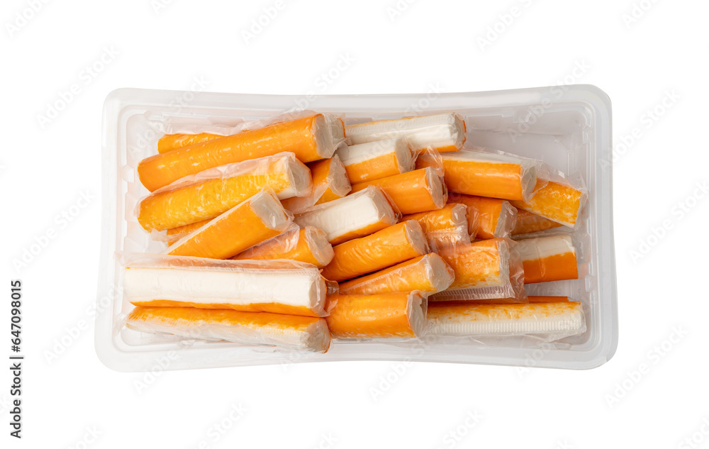Crab Stick Pile Isolated, Orange Crabstick in Plastic Packaging, Container, Crabmeat Food, Crabmeat nd Crab Stick Pile Isolated, Orange Crabstick in Plastic Packaging, Container, Crabmeat Food, Crabmeat nd