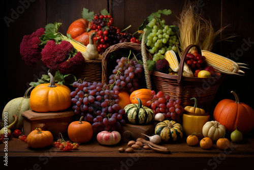 Thanksgiving harvest with bountiful crops and a cornucopia overflowing with produce. Autumn still life. AI generated