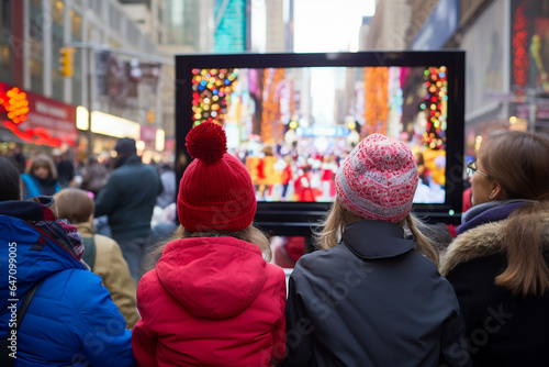 friends and family watching the Macy's Thanksgiving Day Parade on television. AI generated