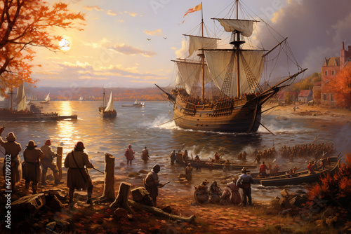 artistic interpretation of the Mayflower's voyage to the New World on the first Thanksgiving. AI generated