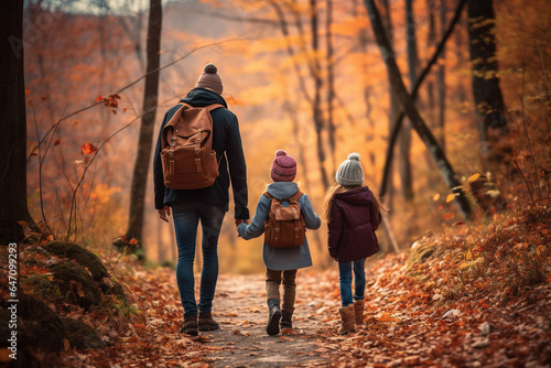family hiking in the crisp autumn air to collect colorful leaves for Thanksgiving crafts. AI generated