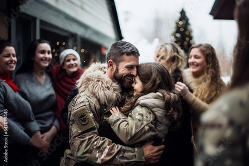 heartwarming moment of a soldier surprising their family with a Thanksgiving homecoming. Meeting a soldier with his daughter. AI Generated