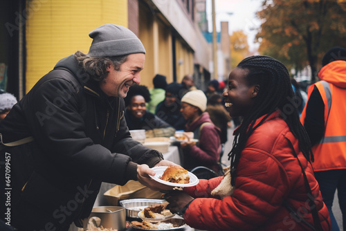 heartwarming moment of a volunteer serving a Thanksgiving meal to the homeless. AI generated