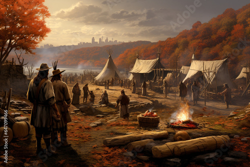Native American and Pilgrim communities coming together in unity for the first Thanksgiving