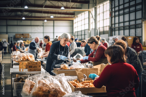 people volunteering at a food bank to help those in need during the Thanksgiving season