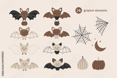 Halloween collection with bats  cobwebs  pumpkins and the moon. Happy Halloween vector illustration. Cute bats in cartoon style.
