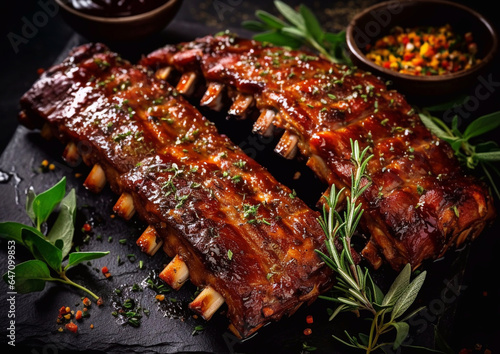 Fotografiet Spare ribs with barbeque marinade and rosemary on table