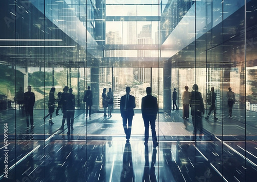 Office workers in glass building of large business centre.Macro.AI Generative