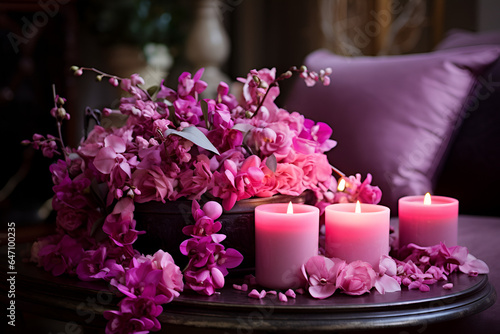 candles and flowers on table fuschia theme