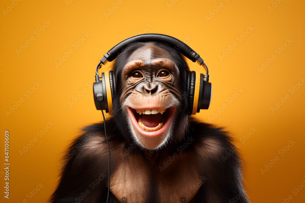funny studio portrait of a chimp wearing headphones funny studio portrait of a chimp wearing headphones
