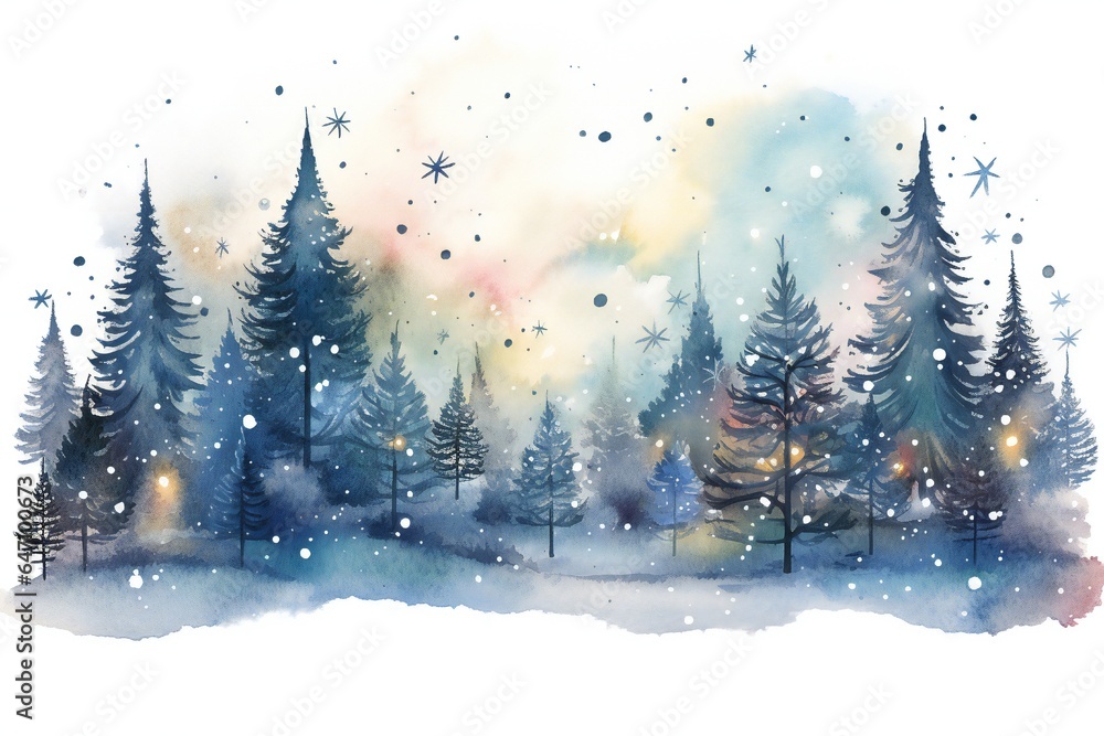 Obraz premium Watercolor magical forest with Christmas trees and glowing bokeh lights Generative AI