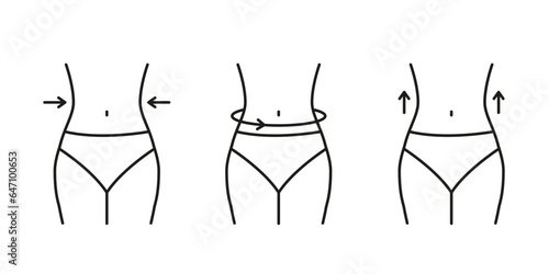 Slim waist body, line icon set. Loss weight, control losing fat. Measure waistline sign. Vector outline