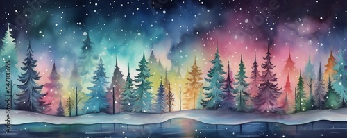 Watercolor magical forest with Christmas trees and glowing bokeh lights Generative AI