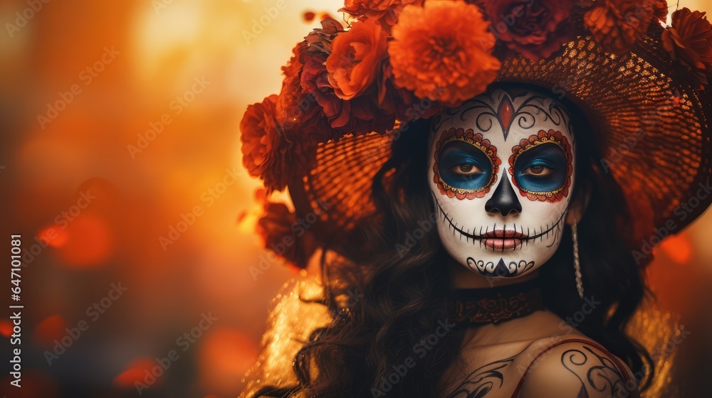 Portrait of young woman with sugar skull makeup, Used in traditional Mexican Dia de los Muertos celebration, Halloween Day.