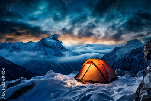 camping tent in the scenic view of the snowy mountains in the winter © World of AI