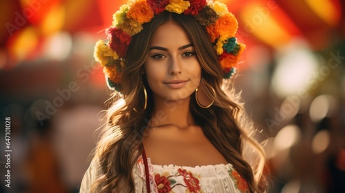 Portrait beautiful young woman Mexican in Independence Celebration Day, Revolucion mexicana