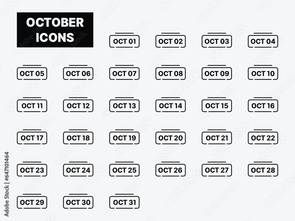 October calendar icon set. modern digital calendar icons pack for the month of October. simple line icons pack October month