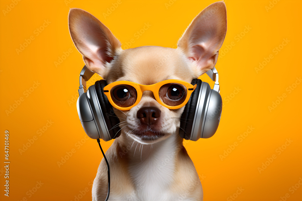 funny studio portrait of a dog wearing headphones and sunglasses