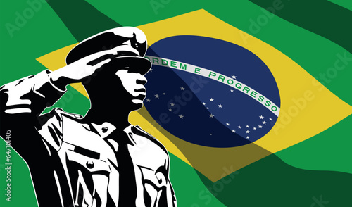 Silhouette of soldier with Brazil flag on background