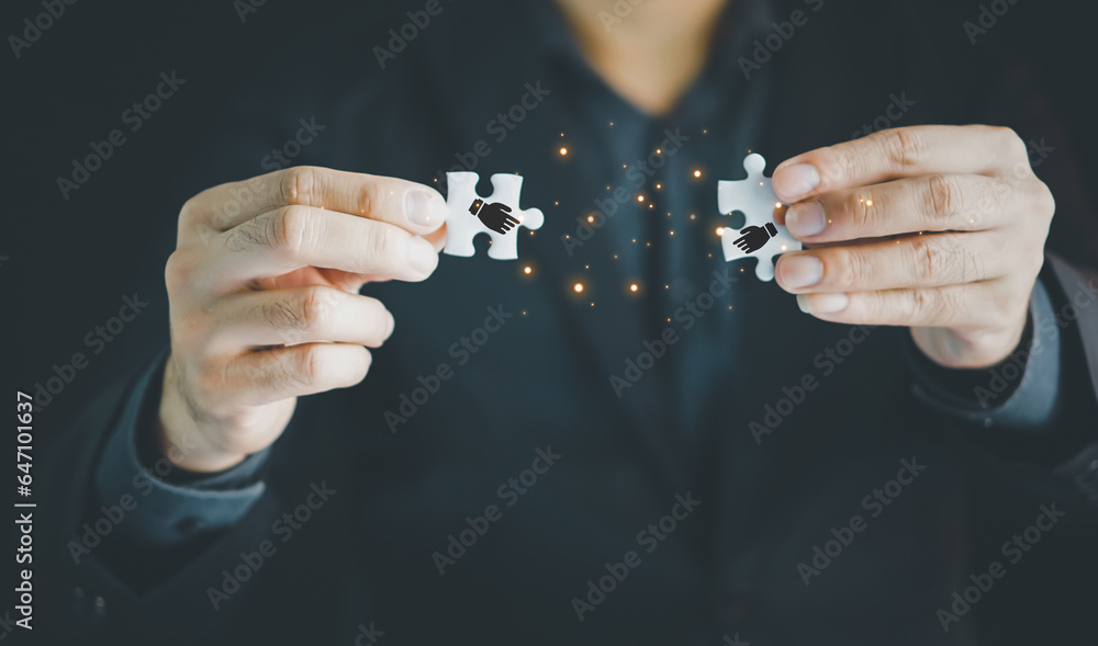 Fototapeta premium Businessmen making handshake, business joint venture concept, for business, finance and investment background, teamwork and successful business 