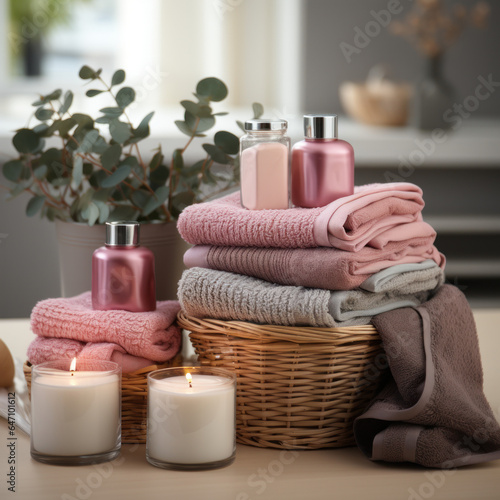  Towels arranged in a basket on a white laminate 