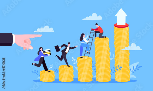 Business mentor helps improve career and money stacks growing. He holds stairs steps vector illustration. Mentorship, upskills, climb help self development strategy flat style design business concept.
