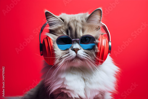 funny studio portrait of a cat wearing headphones and sunglasses