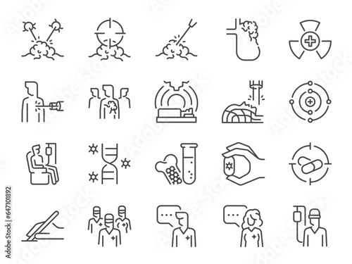 Oncology icon set. It included cancer, treatment, radiation therapy, targeted therapy, medical, and more icons. Editable Vector Stroke.