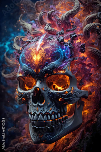 Wild Colorful Abstract Fire Infused Skull Print on a Black Baxckground