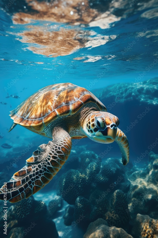 Obraz premium Sea Turtle swimming, underwater in a shallow sea. generative ai
