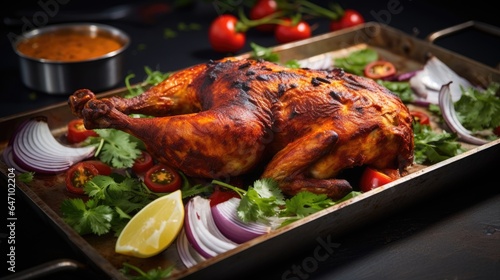 Roasted chicken on a plate, from India, roasted tandoori chicken and spices. generative ai
