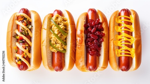 Hotdogs, steamed wiener sausage dressed with four different flavors, isolated on white, generative ai