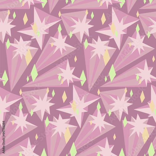 A pattern of pink shooting stars. A magical decoration on a pink background. Shades of pink with a colored glow, mother-of-pearl shine. Shine, bling, stars, light, ray. printing on textiles and paper