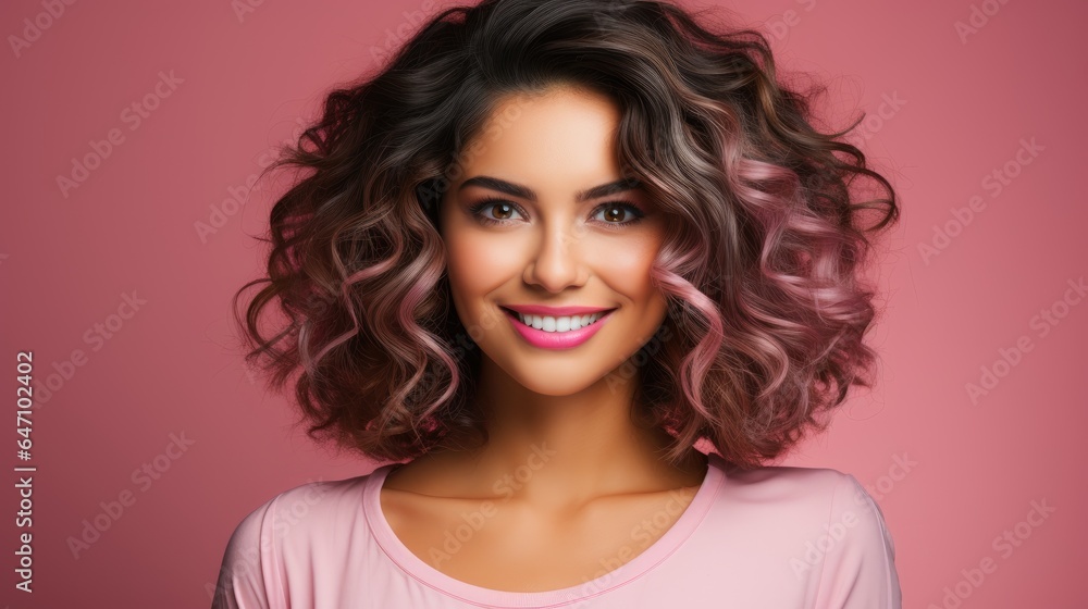 Happy young female in a pink shirt with a beautiful toothy smile. generative ai Happy young female in a pink shirt with a beautiful toothy smile. generative ai