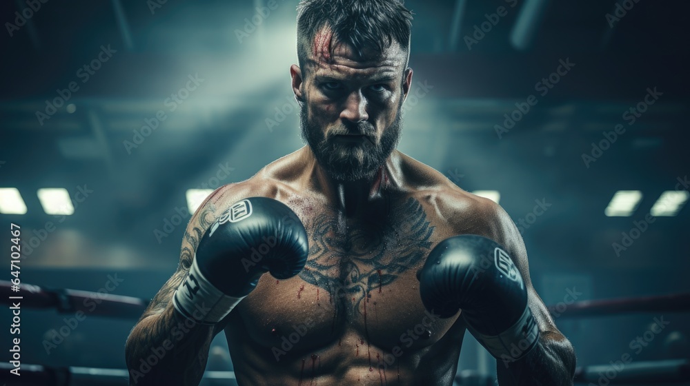 A tattooed boxer in the ring, ready to fight. generative ai