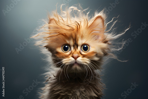 funny studio portrait of a scruffy fluffy kitten photo