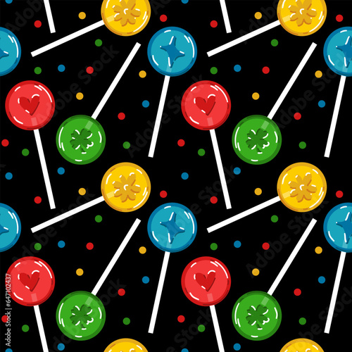 Seamless lollipop pattern on a candy stick, hand-drawn vector illustration with flat colored candies. Sweets with different images and flavors Lemon, cherry, apple, blueberry on a black background