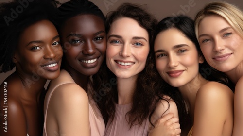Skincare diversity beautiful group of young women hugging close-up portrait. generative ai